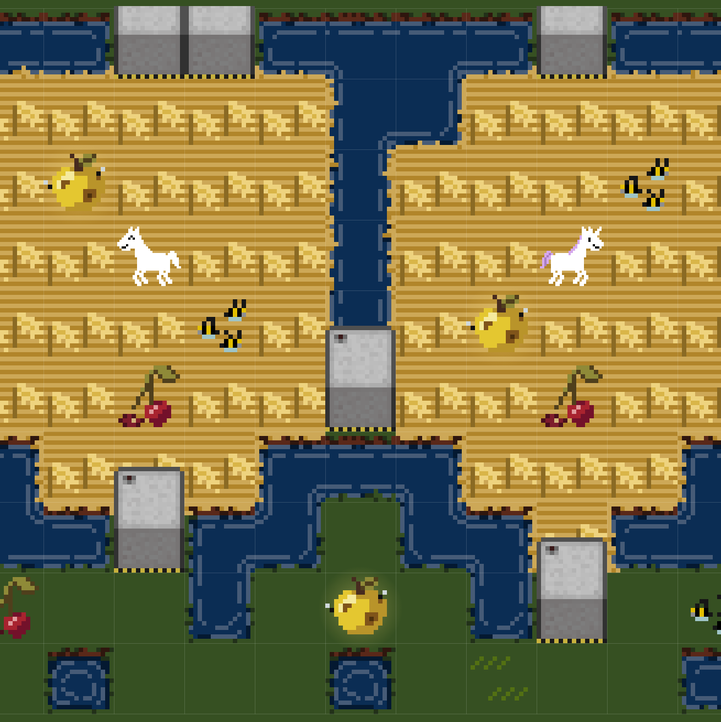 A Bitter Divorce bonus round in enclose.horse showing the horse and unicorn in two separate straw enclosures of equal score, with wilted hay, a bruised golden apple and dropped cherries