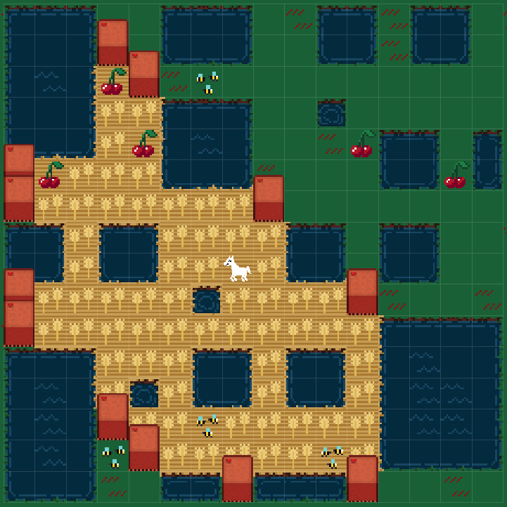 A costly walls bonus round in enclose.horse showing a grid with many red walls, cherries, bees, and the horse in the center
